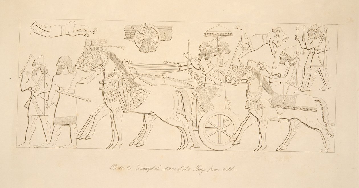 Triumphale Rückkehr des Königs aus der Schlacht, aus Denkmäler von Ninive, veröffentlicht 1849 von Austen Henry Layard