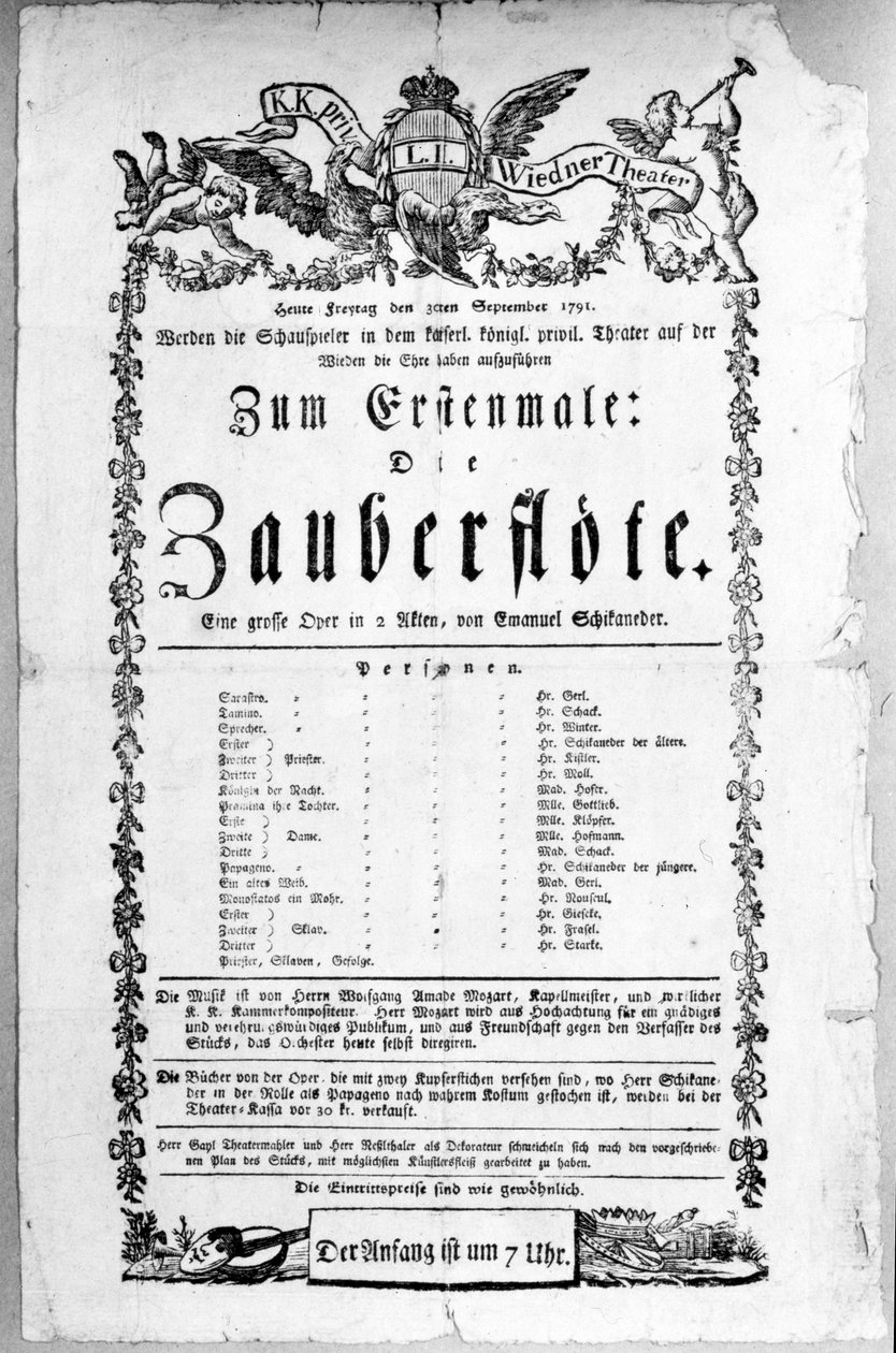 Plakat zur Ankündigung der Premiere von „Die Zauberflöte“ von Wolfgang ...
