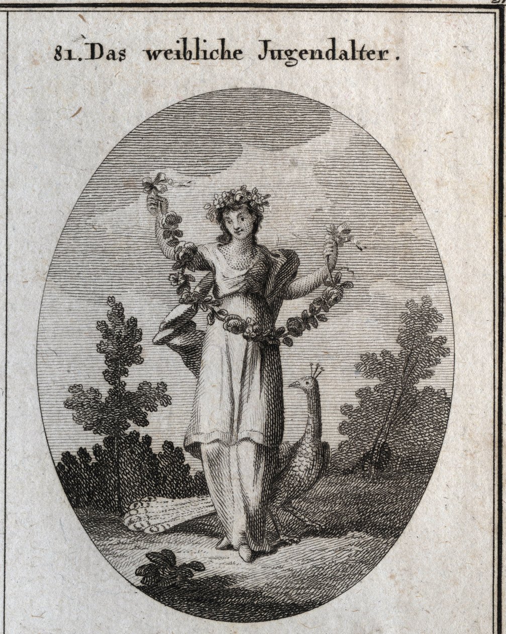 Allegorie der Jugend (Teenager) dargestellt durch eine junge Frau mit einer Krone und einem Blumenkranz, um glückliche Glückseligkeit zu zeigen. Der Pfau versteht die Liebe zum Schmuck. Ihr Fuß steht auf einer Sanduhr. Gravur in "Iconologie oder Ideen aus  von Austrian School