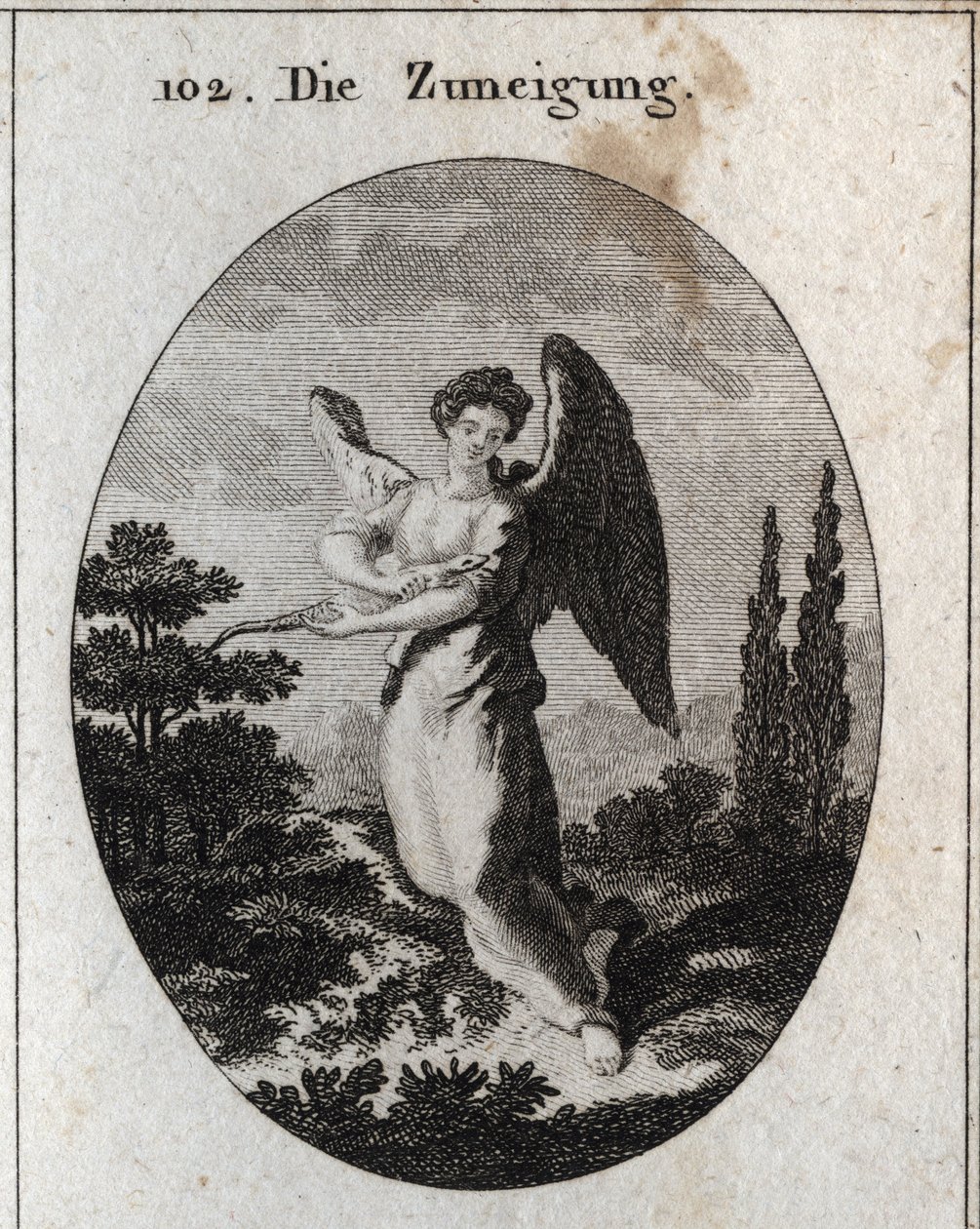 Allegorie der Zuneigung oder Freundlichkeit. Sein Attribut ist die Eidechse, Symbol seiner Freundlichkeit und natürlichen Zuneigung zu den Menschen. Gravur in „Iconologie oder Ideen aus dem Gebiete der Leidenschaften und Allegorien bildlich dargestellt für von Austrian School