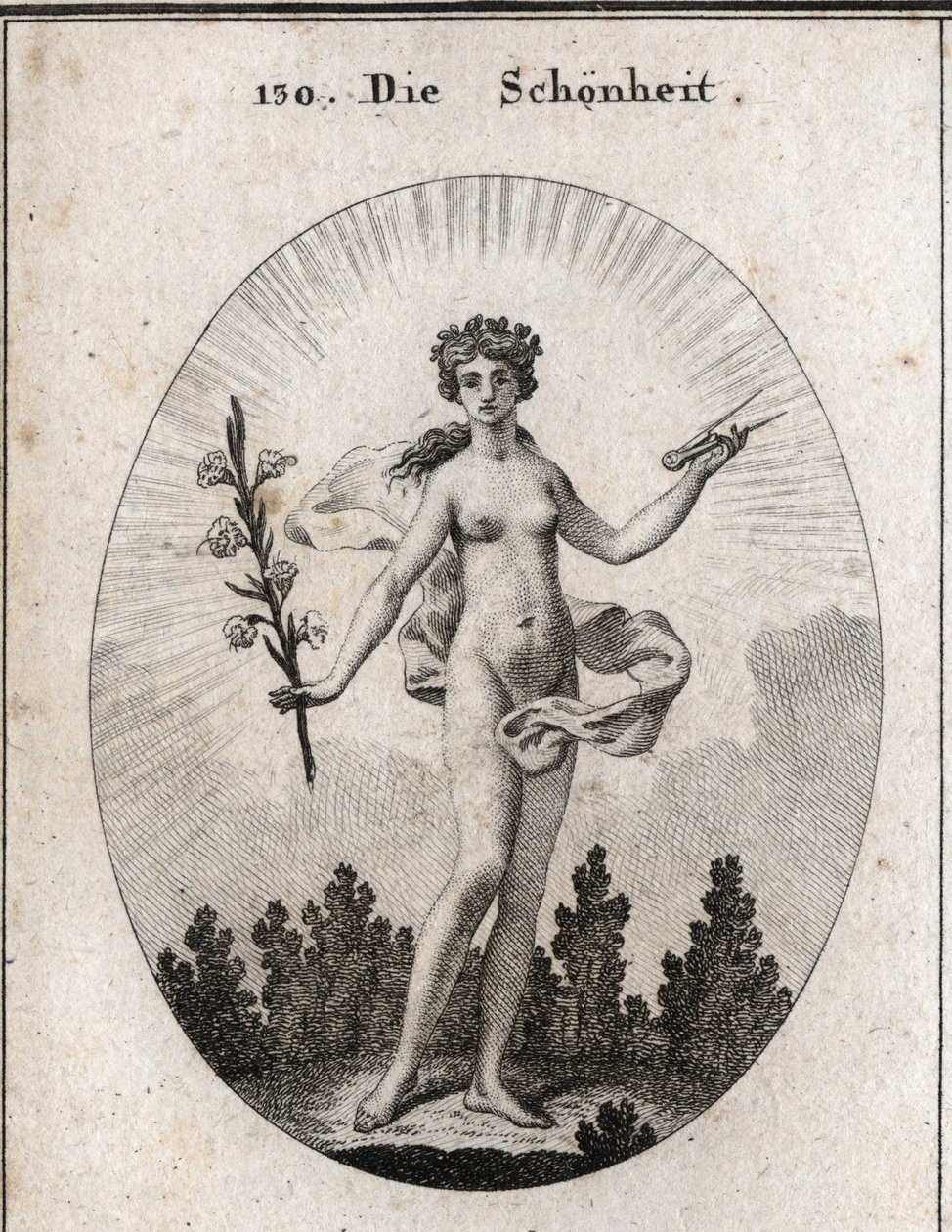 Allegorie der Schönheit. Der Zirkel ist das Emblem der Genauigkeit der Proportionen. Die Lilie ist das Symbol der Schönheit. Gravur in "Iconologie oder Ideen aus dem Gebiete der Leidenschaften und Allegorien bildlich dargestellt für Zeichner, Maler, Dichte von Austrian School
