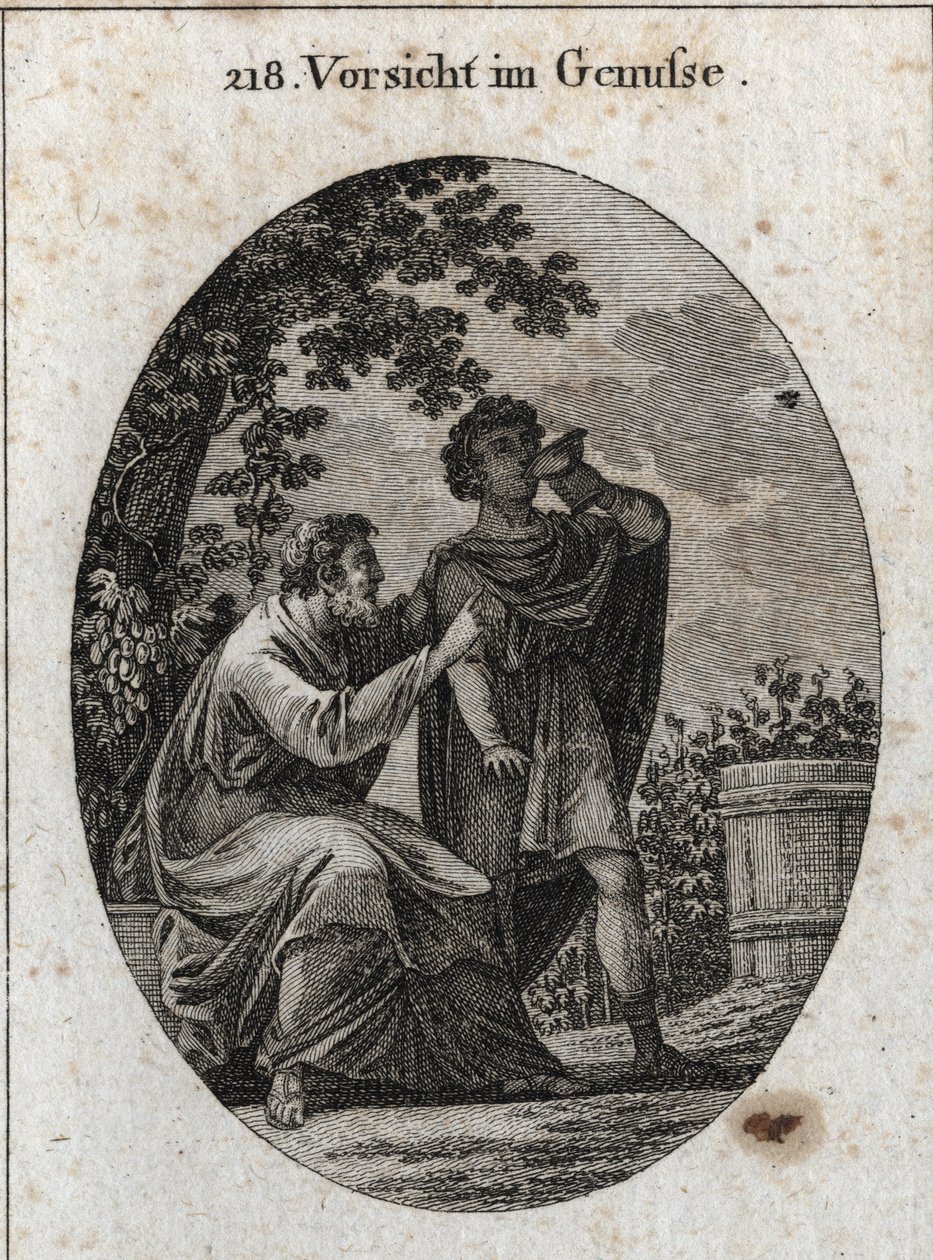 Allegorie der Vorsicht beim Genießen. Ein Philosoph warnt uns, dass der Weinstock drei Arten von Trauben produziert: die des Vergnügens, die der Trunkenheit und die des Schmerzes und Wahnsinns. Gravur in „Iconologie oder Ideen aus dem Gebiete der Leidensch von Austrian School