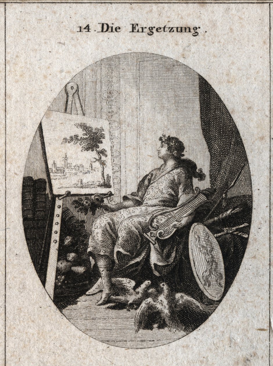 Allegorie der Wonne dargestellt durch einen jungen Mann, der eine Lyra hält, neben einem Gemälde mit Früchten, Büchern, Waffen und zwei Tauben, die sich gegenseitig liebkosen, alles symbolisiert den Reiz der Sinne. Gravur in „Iconologie oder Ideen aus dem  von Austrian School