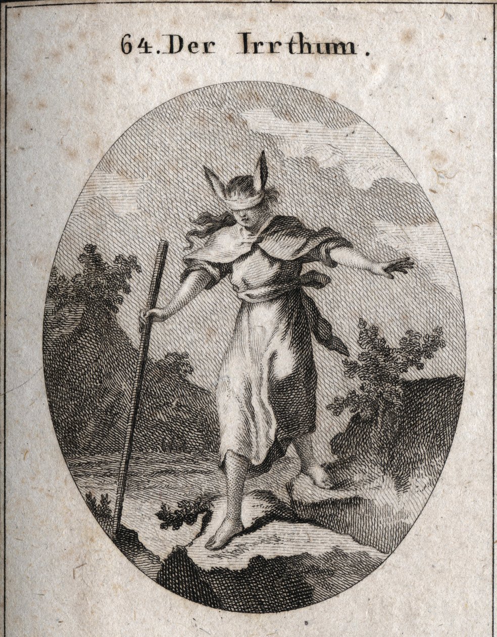 Allegorie des Irrtums in einer taumelnden Haltung mit einer Augenbinde und Eselsohren, um zu zeigen, dass Blindheit und Unwissenheit die Quellen des Irrtums sind. Sie bewegt sich auf einen Abgrund zu und tastet mit ihrem Stock. Gravur in „Iconologie oder I von Austrian School