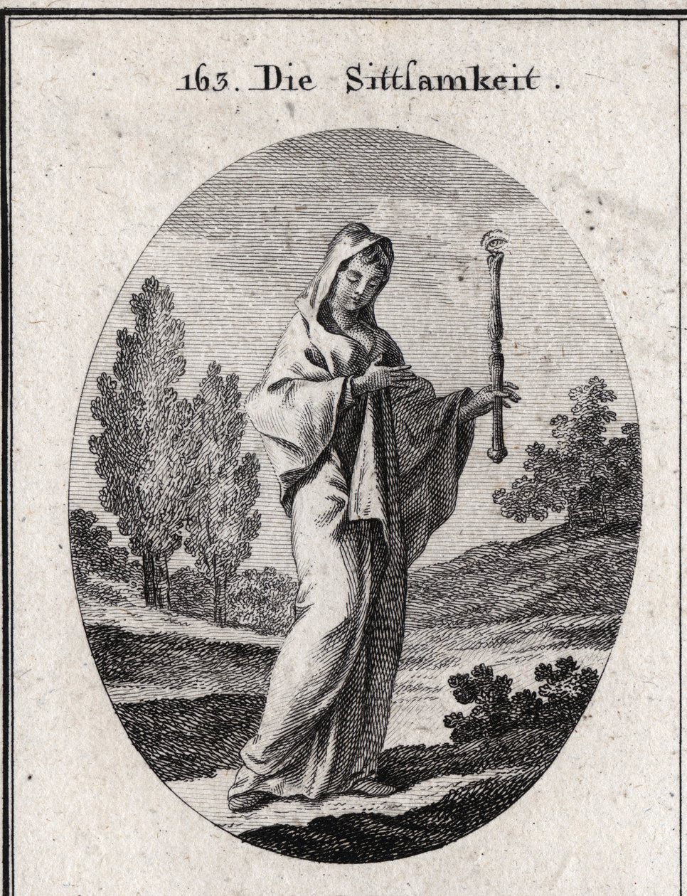 Allegorie der Bescheidenheit. Sie hält ein Zepter, über dem ein Auge ist, das bedeutet, dass Bescheidenheit weitsichtig über sich selbst sein muss. Gravur in „Iconologie oder Ideen aus dem Gebiete der Leidenschaften und Allegorien bildlich dargestellt für  von Austrian School