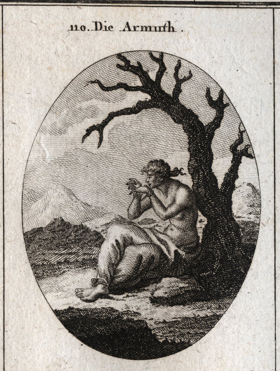 Allegorie der Armut, die am Fuß eines trockenen Baumes sitzt, der in kargem Gelände wächst. Ihre Füße und Hände sind gefesselt und sie versucht, ihre Fesseln mit den Zähnen zu lösen. Gravur in „Iconologie oder Ideen aus dem Gebiete der Leidenschaften und A von Austrian School
