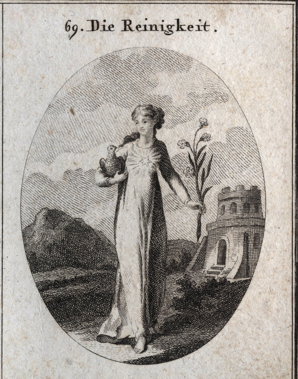 Allegorie der Reinheit. Ihre Attribute sind die Taube und die Lilie, Symbole der Unschuld. Gravur in „Iconologie oder Ideen aus dem Gebiete der Leidenschaften und Allegorien bildlich dargestellt für Zeichner, Maler, Dichter, Gelehrte, Erzieher und Freunde  von Austrian School