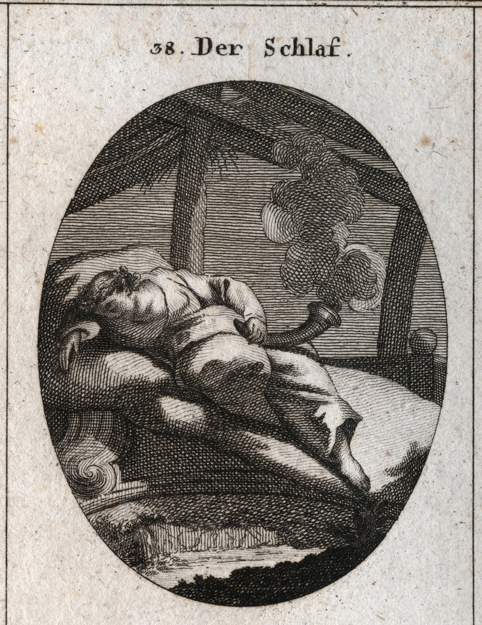 Allegorie des Schlafens auf einem Bett aus Ebenholz, in dessen Nähe ein Bach fließt. Er hält einen schwarzen und polierten Kegel, aus dem Dampf aufsteigt, der Träume bedeutet. Gravur in „Iconologie oder Ideen aus dem Gebiete der Leidenschaften und Allegori von Austrian School