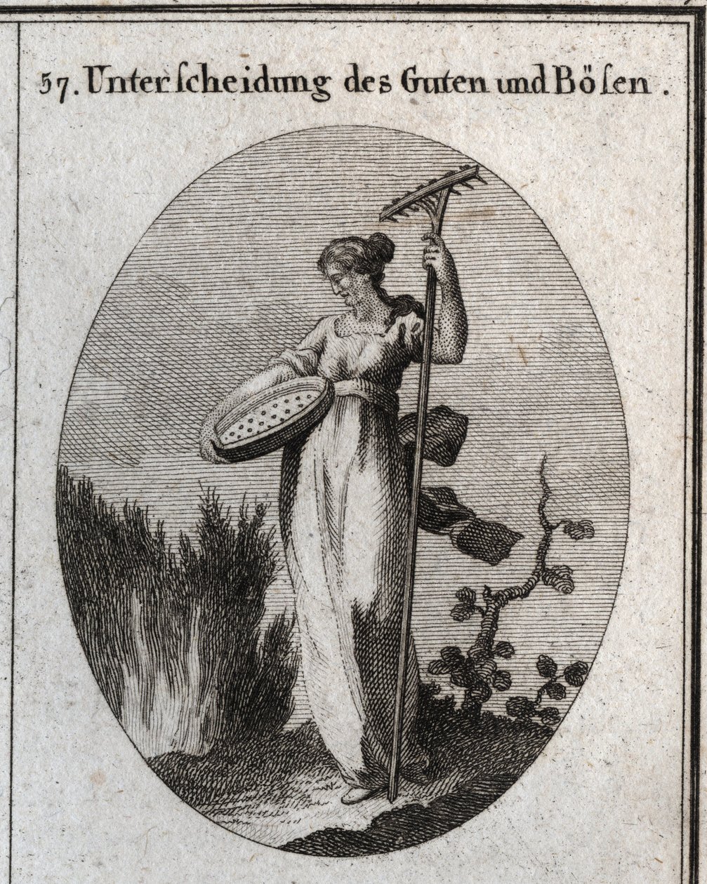 Allegorie der Unterscheidung zwischen Gut und Böse. Das Sieb trennt das gute Korn von der Spreu und der Rechen wird verwendet, um Unkraut zu entfernen. Gravur in „Iconologie oder Ideen aus dem Gebiete der Leidenschaften und Allegorien bildlich dargestellt  von Austrian School