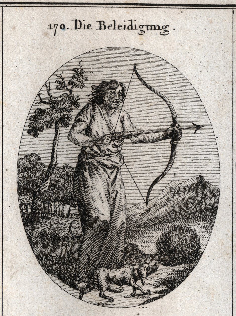 Allegorie des Vergehens, das dabei ist, einen Pfeil zu entschlüsseln und dessen Kleidung mit Zungen und Messern gefüllt ist. Angriff durch Hunde auf den Igel, der seine Pfeile wirft, bedeutet den Zwang, das Vergehen durch Vergehen zu erwidern. Gravur in „I von Austrian School
