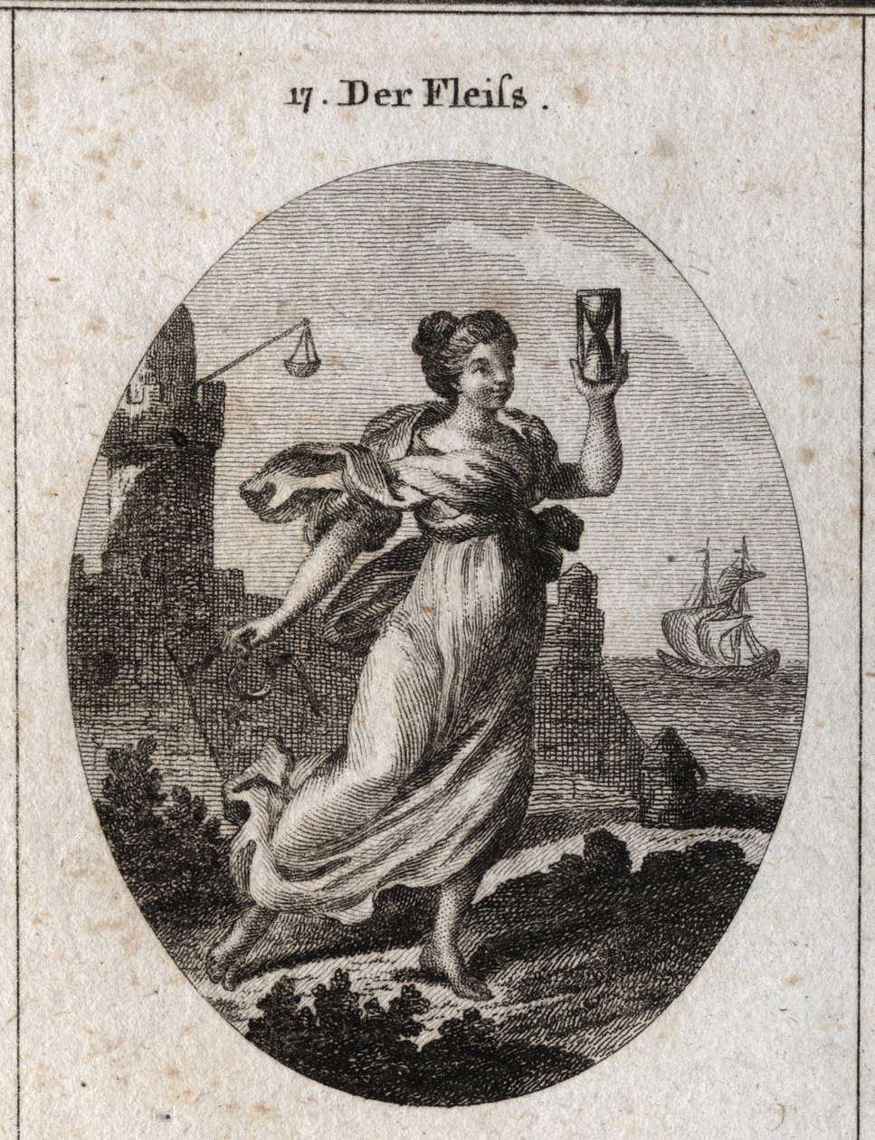 Allegorie der Fleißigkeit, die schnell geht. Ihre Attribute sind die Sanduhr und der Sporn, Symbol der Aktivität und Genauigkeit. Gravur in „Iconologie oder Ideen aus dem Gebiete der Leidenschaften und Allegorien bildlich dargestellt für Zeichner, Maler, D von Austrian School