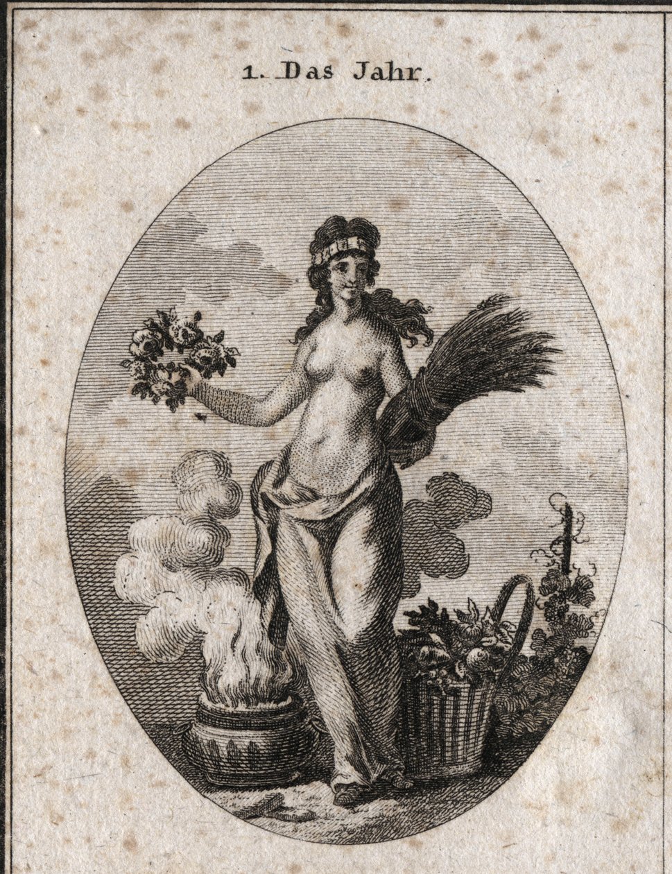Allegorie des Jahres, umgeben von Symbolen der vier Jahreszeiten (Blumenkranz für den Frühling, Weizenkranz für den Sommer, Korb mit Trauben für den Herbst und Vase mit Feuer für den Winter). Das Jahr ist halb entkleidet in Bezug auf die Grade von Hitze un von Austrian School