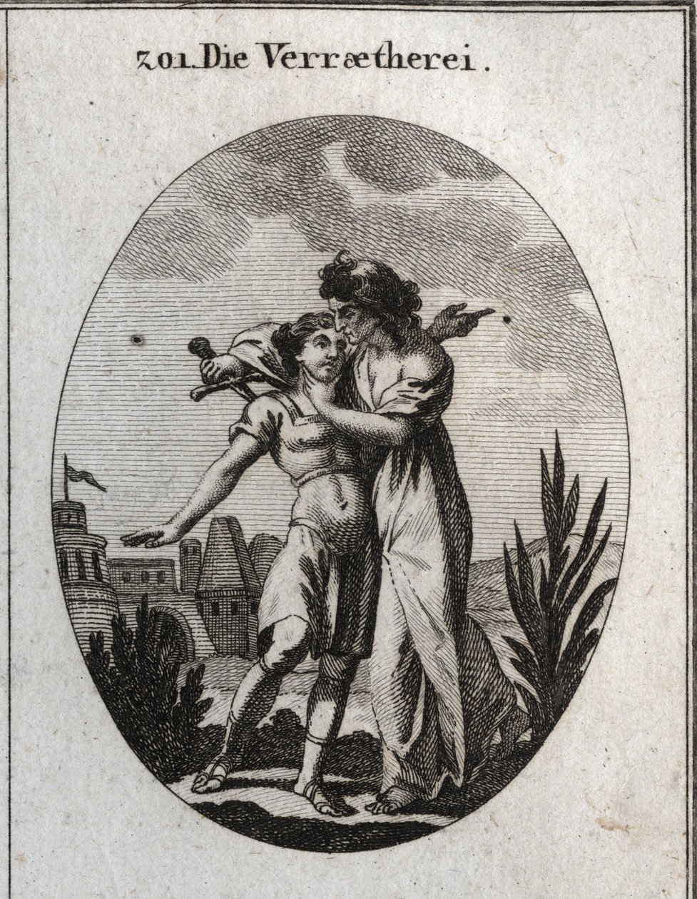 Allegorie des Verrats. Eine schreckliche alte Frau streichelt einen hübschen jungen Mann und bereitet sich gleichzeitig darauf vor, ihn zu erstechen. Gravur in „Iconologie oder Ideen aus dem Gebiete der Leidenschaften und Allegorien bildlich dargestellt fü von Austrian School