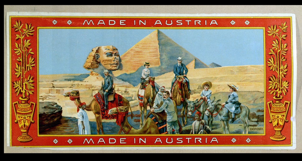 Touristen an den Pyramiden in Ägypten, Etikett von einer Fez-Box, um 1914 von Austrian School