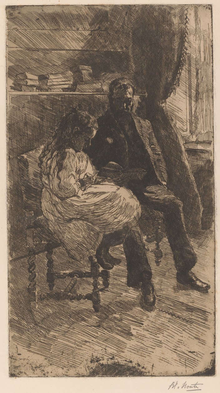 Innenraum mit einem Mann und einem Mädchen, die zusammen ein Buch lesen von Barbara Elisabeth van Houten (signed by artist)