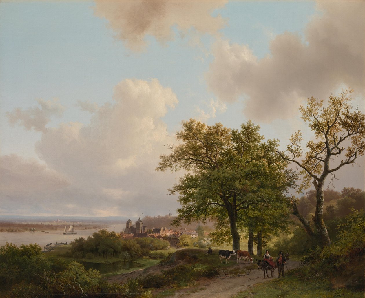 Eine Stadt an einem Fluss von einer Höhe aus gesehen von Barend Cornelis Koekkoek