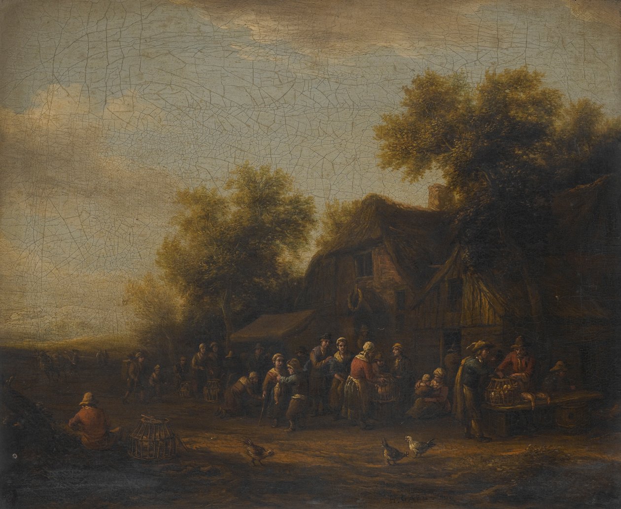 Ein Geflügelmarkt vor einem Dorfgasthof von Barend Gael or Gaal