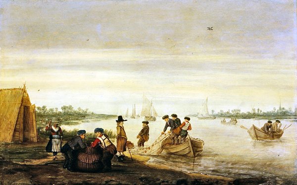 Flusslandschaft mit Fischern, die Netze einholen