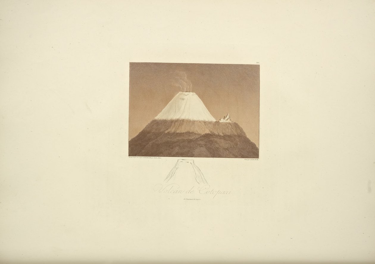 Vulkan von Cotopaxi, gezeichnet von Gmelin, graviert von Arnold, Illustration aus "Vues des Cordillères et Monumens des Peuples Indigènes de l
