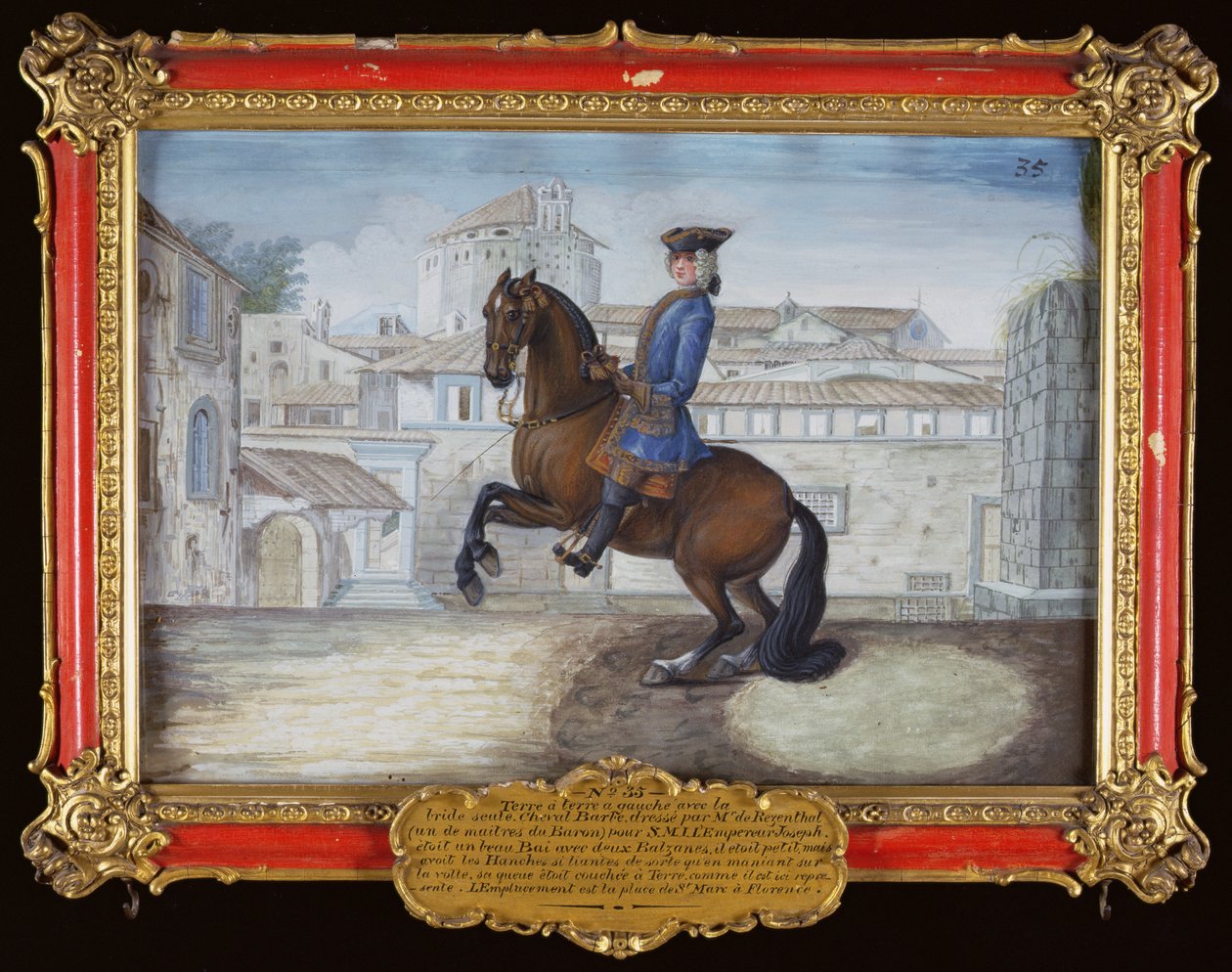 Nr. 35 Ein Barbary-Bay-Pferd der Spanischen Hofreitschule, das eine Dressurbewegung auf dem Markusplatz in Florenz ausführt von Baron Reis Eisenberg