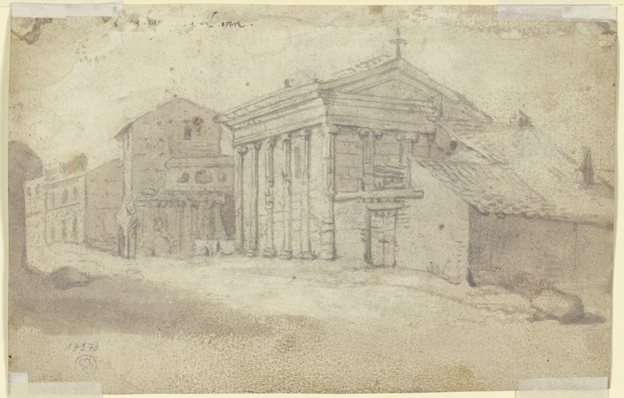 Straßenzug mit antikem Tempel ionischer Ordnung, nunmehr eine christliche Kirche mit zugesetzter Säulenstellung von Bartholomeus Breenbergh