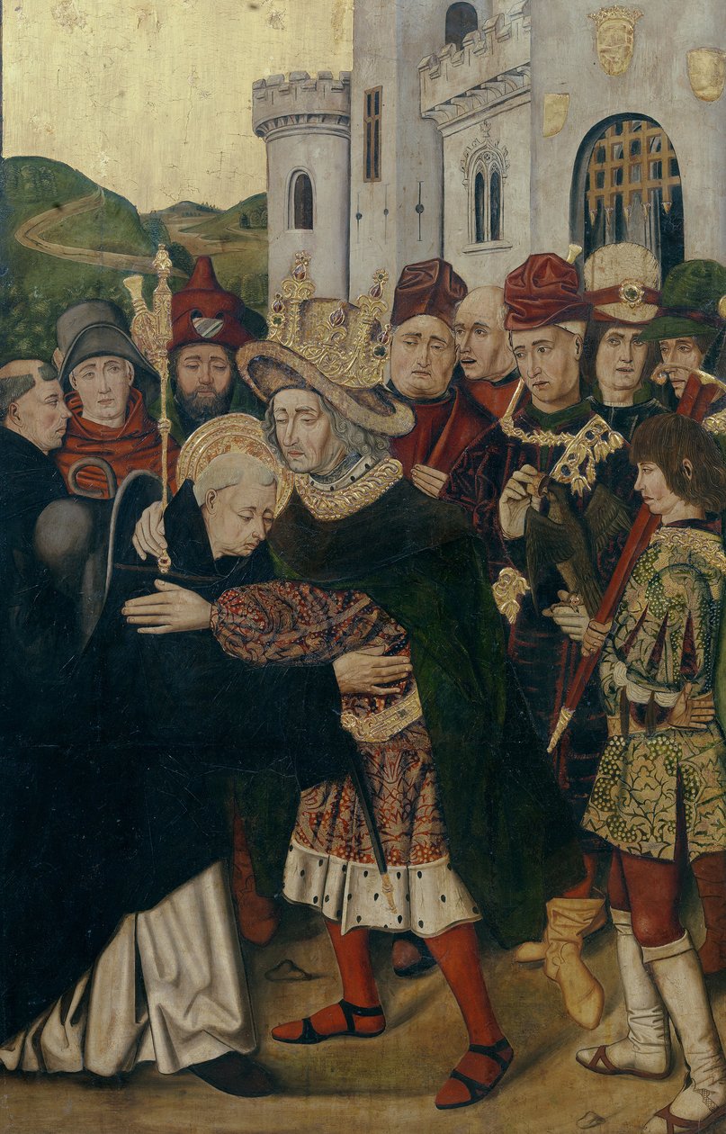 König Ferdinand I. von Kastilien begrüßt den heiligen Dominikus von Silos, 1478-1480 von Bartolomé Bermejo