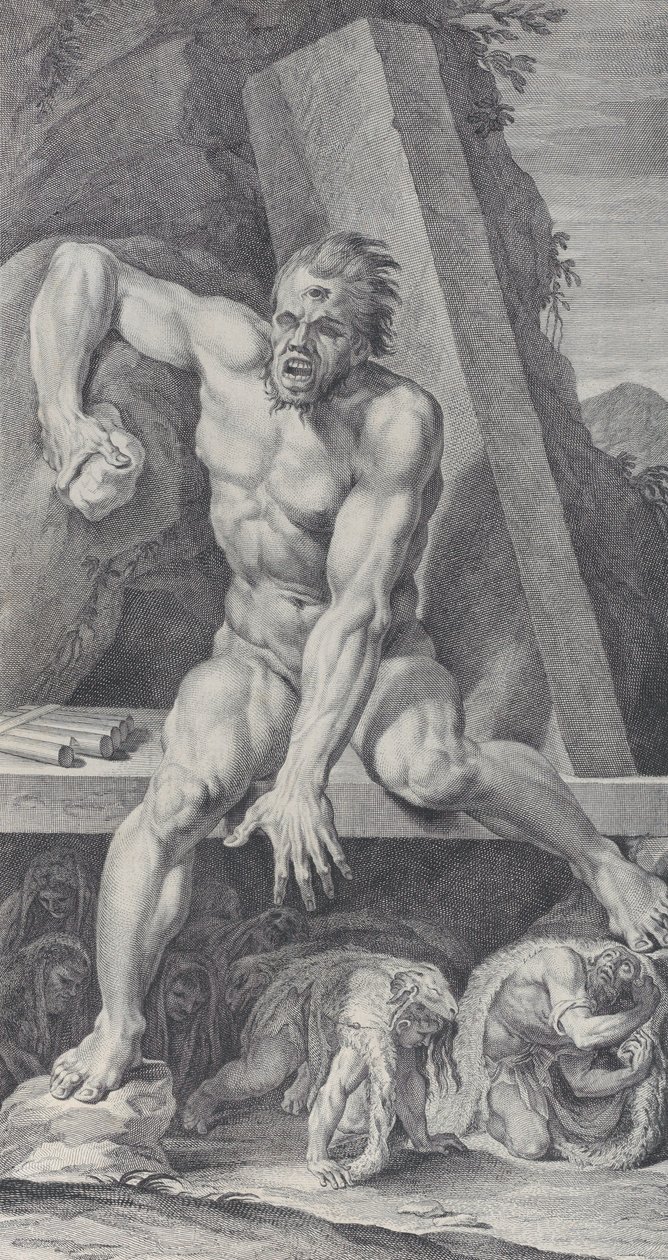 Tafel 7: der geblendete Polyphem, der den Eingang seiner Höhle bewacht, mit Odysseus und seinen Gefährten von Bartolomeo Crivellari