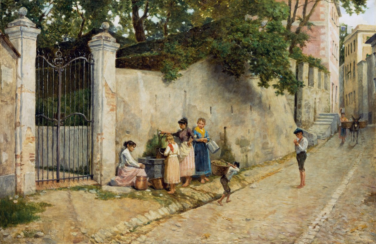 Am Brunnen, von Bartolomeo Giuliano (1825-1909), Öl auf Leinwand, 64,5x100 cm von Bartolomeo Giuliano