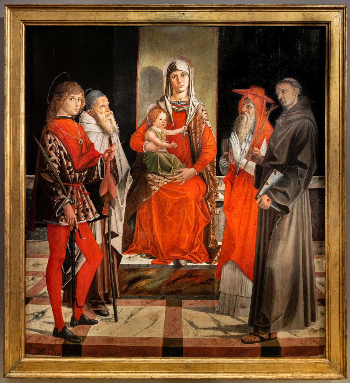 Thronende Madonna mit Jesuskind unter den Heiligen Ansanus, Antonius der Große, Hieronymus und Franziskus von Bartolomeo Montagna