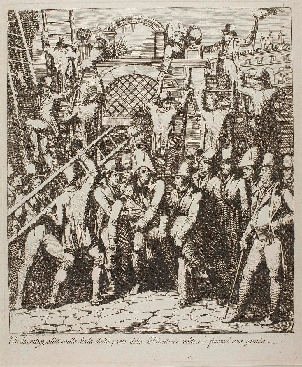Ein Gotteslästerer bricht sich das Bein beim Überklettern der Mauern des Vatikans am 6. Juli 1809 von Bartolomeo Pinelli
