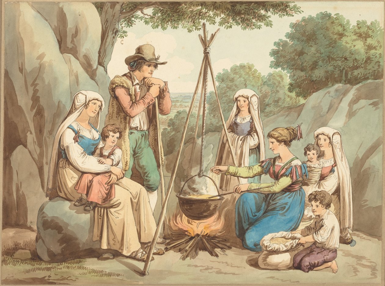 Eine Bauernfamilie beim Kochen über einem Lagerfeuer von Bartolomeo Pinelli