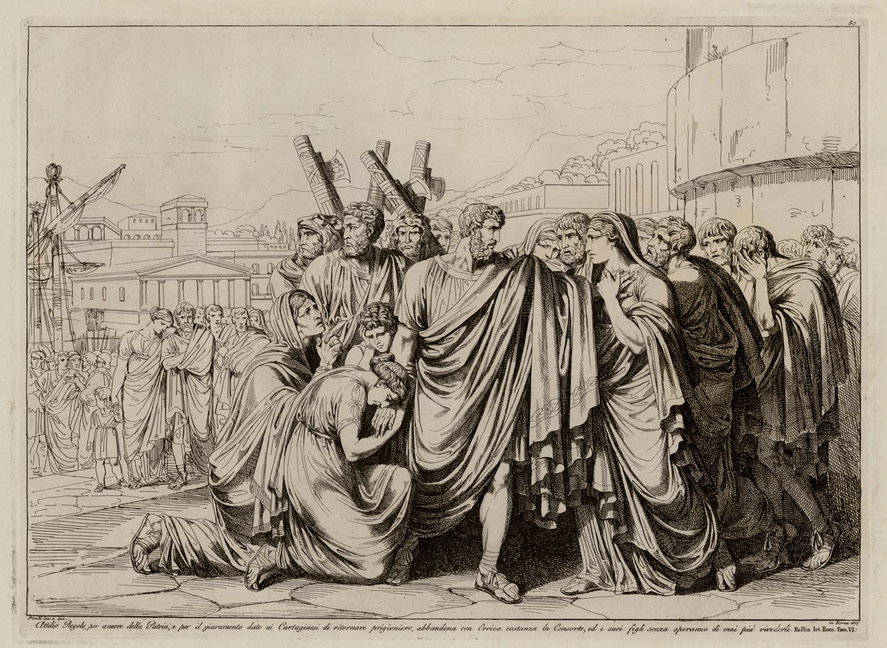 Atilius Regulus bereitet sich darauf vor, Rom zu verlassen, um in die Gefangenschaft nach Karthago zurückzukehren von Bartolomeo Pinelli