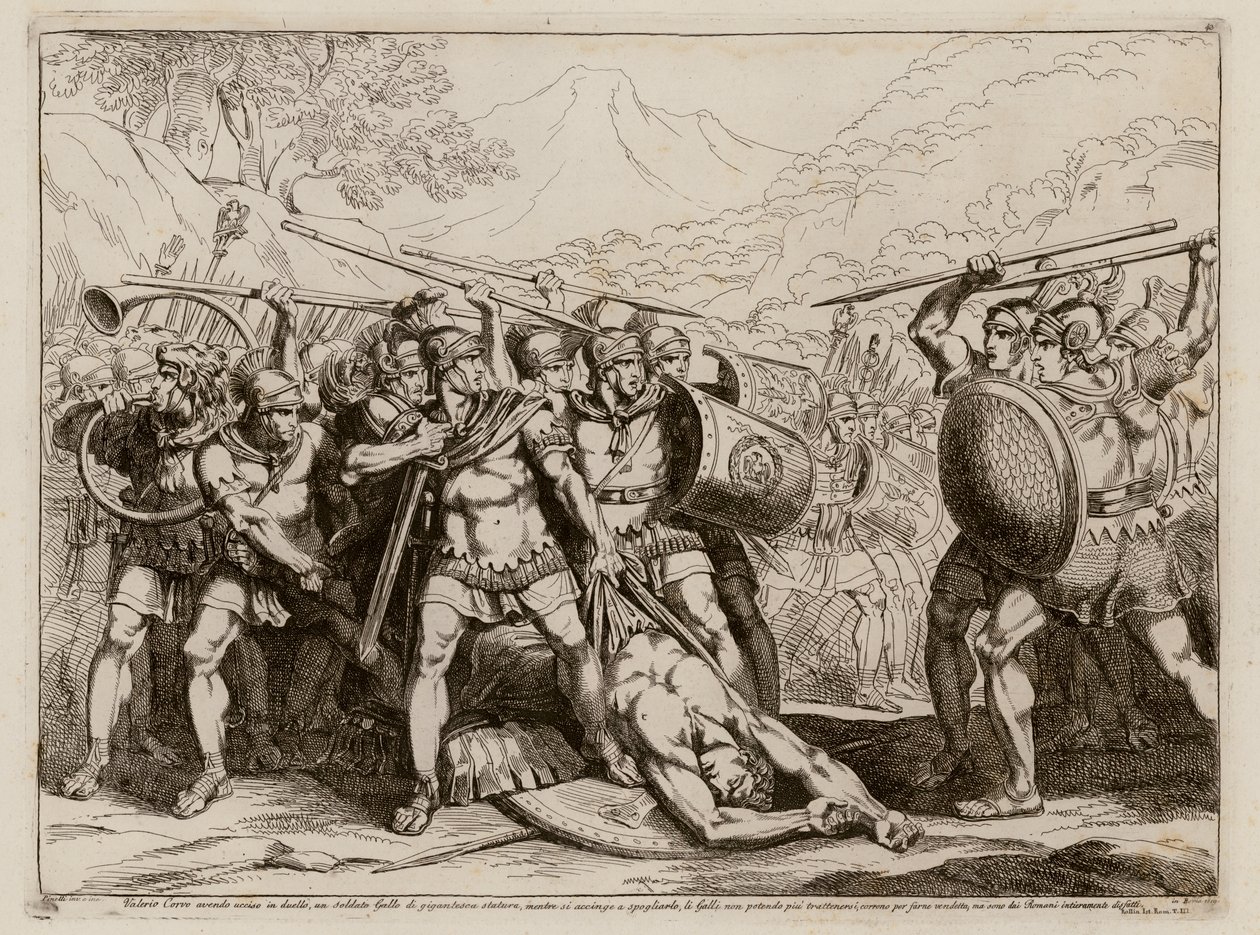 Schlacht zwischen Römern und Galliern nach dem Tod eines riesigen Galliers durch Marcus Valerius Corvus im Einzelkampf, 349 v. Chr. von Bartolomeo Pinelli