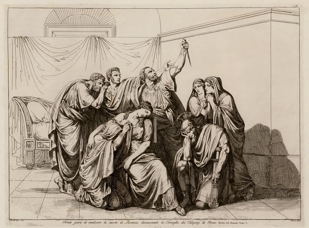 Brutus schwört, den Tod von Lucretia zu rächen, indem er die Tarquins aus Rom verbannt von Bartolomeo Pinelli