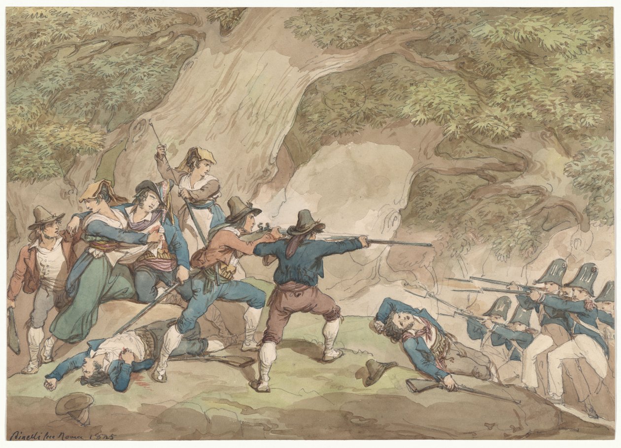 Gendarmen des Königreichs Neapel kämpfen gegen die Kalabresen, Illustration für römische Kostüme und Bräuche von Bartolomeo Pinelli