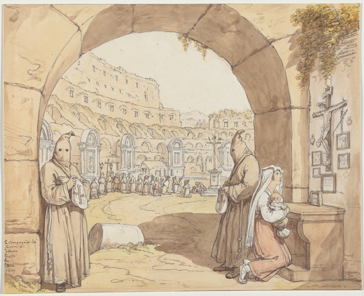 La Compagnia dei sacconi al Colosseo (Büßende beten an Altären im Kolosseum) von Bartolomeo Pinelli