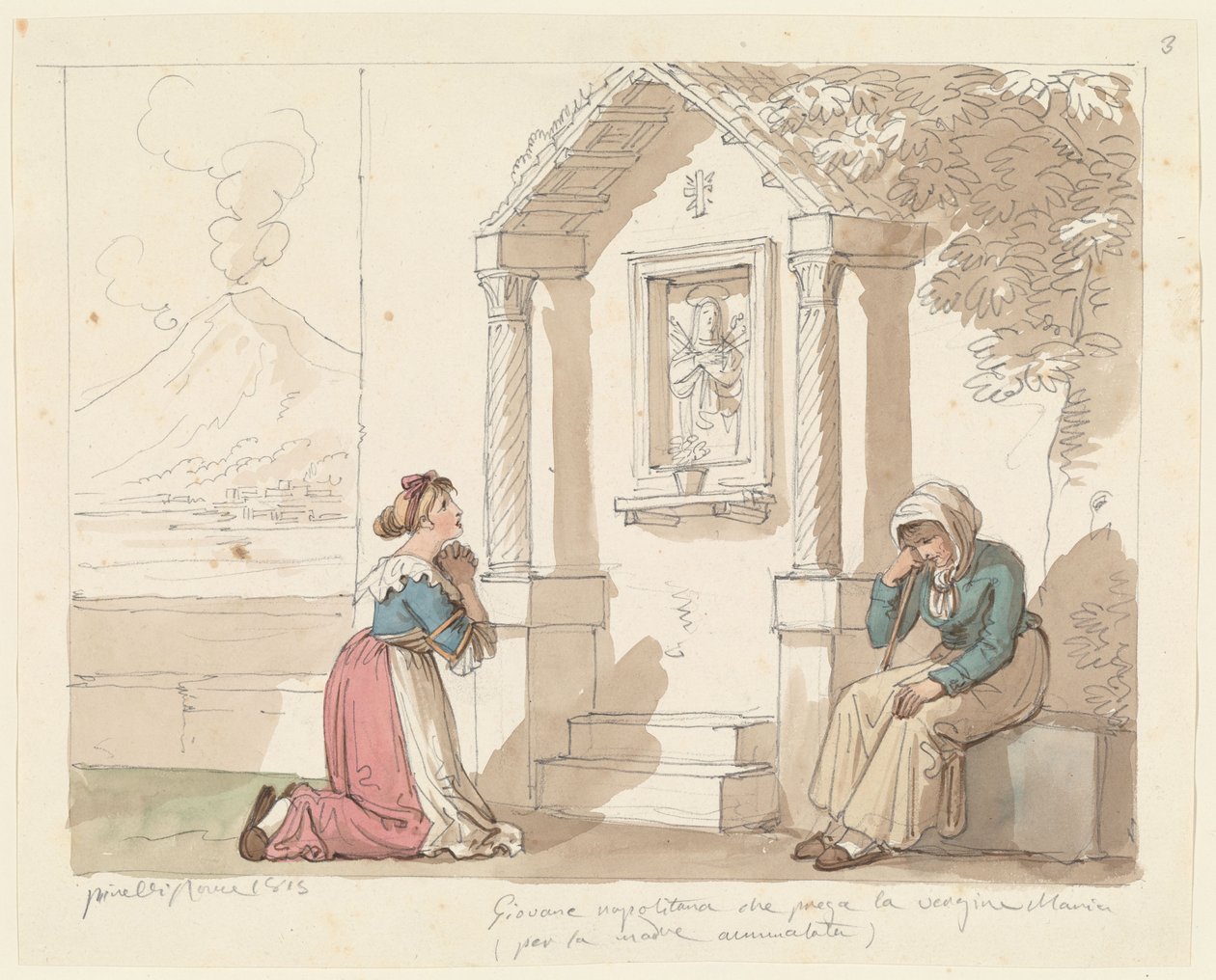 Neapolitanische Frau betet zur Jungfrau für ihre kranke Mutter, Illustration für Römische Kostüme und Bräuche von Bartolomeo Pinelli