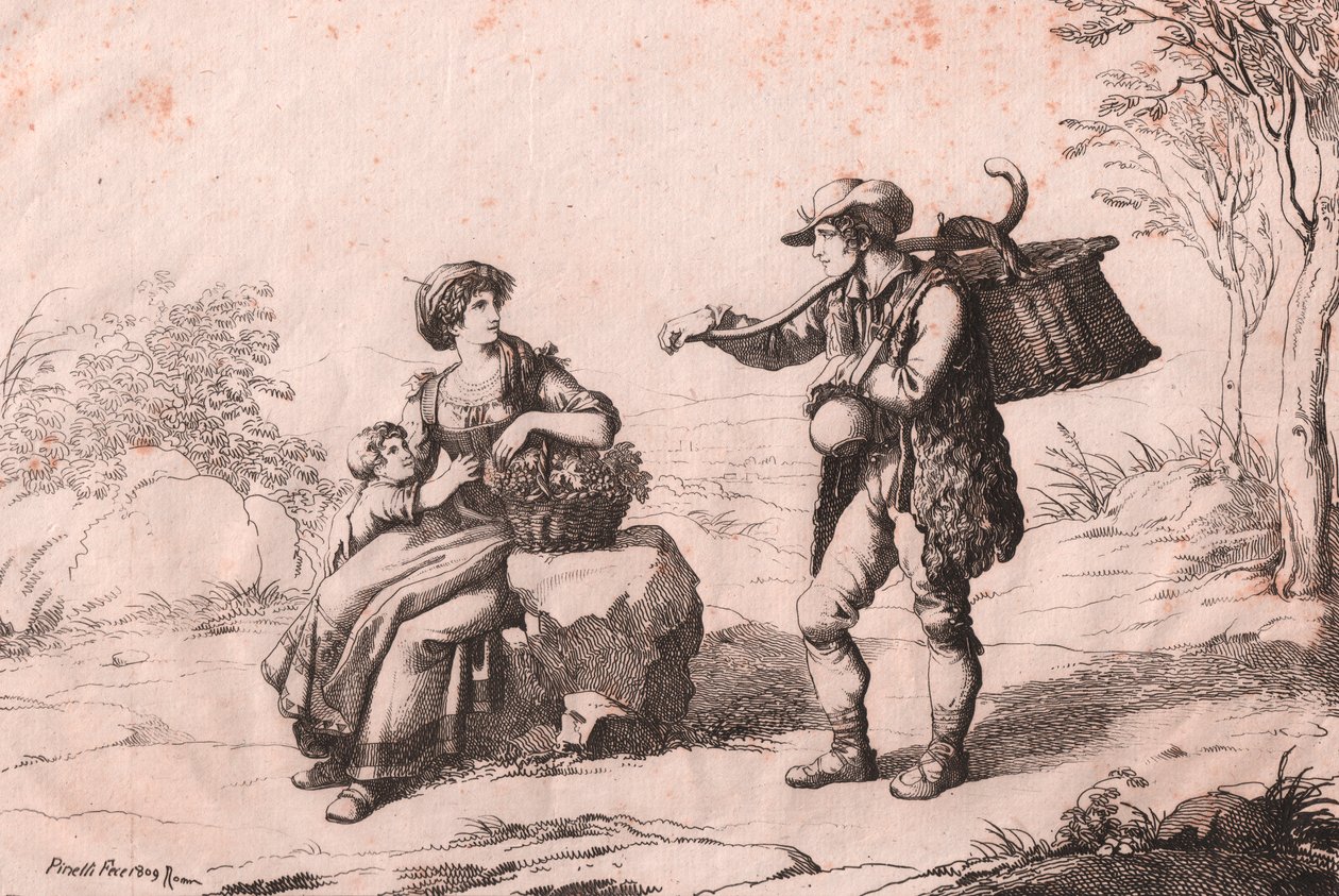 Frau aus Pietra Terrazzana in traditioneller Tracht, Abruzzen, und Gioncataro (Käseverkäufer), Radierung von Bartolomeo Pinelli (Rom) von Bartolomeo Pinelli