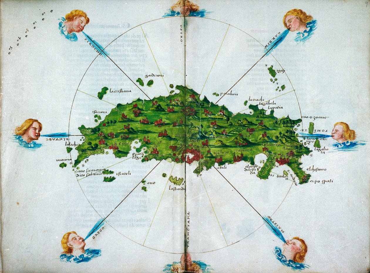 Isolario, in Versen, mit farbigen Zeichnungen und einer Karte des östlichen Mittelmeers auf Pergament, ca. 1480 von Bartolomeo da li Sonetti