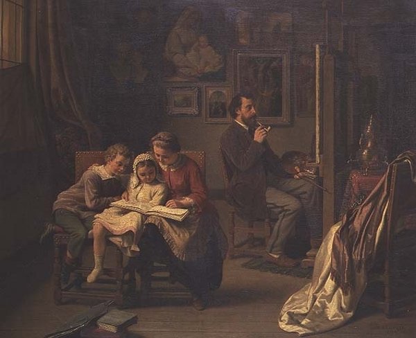 Der Künstler mit seinen Kindern in seinem Atelier von Basile de Loose