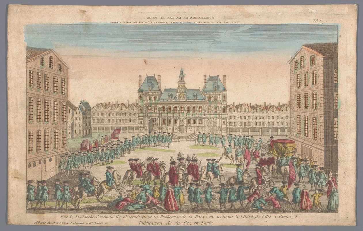 Ansicht des Rathauses in Paris mit einem Festzug zur Verkündung des Friedens von Basset