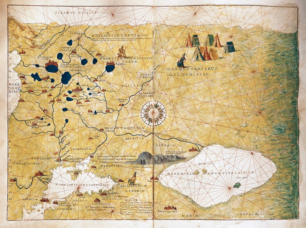 Moschoviae Tabula, Karte von Russland und europäischen Städten entlang des Flusses Wolga von Battista Agnese