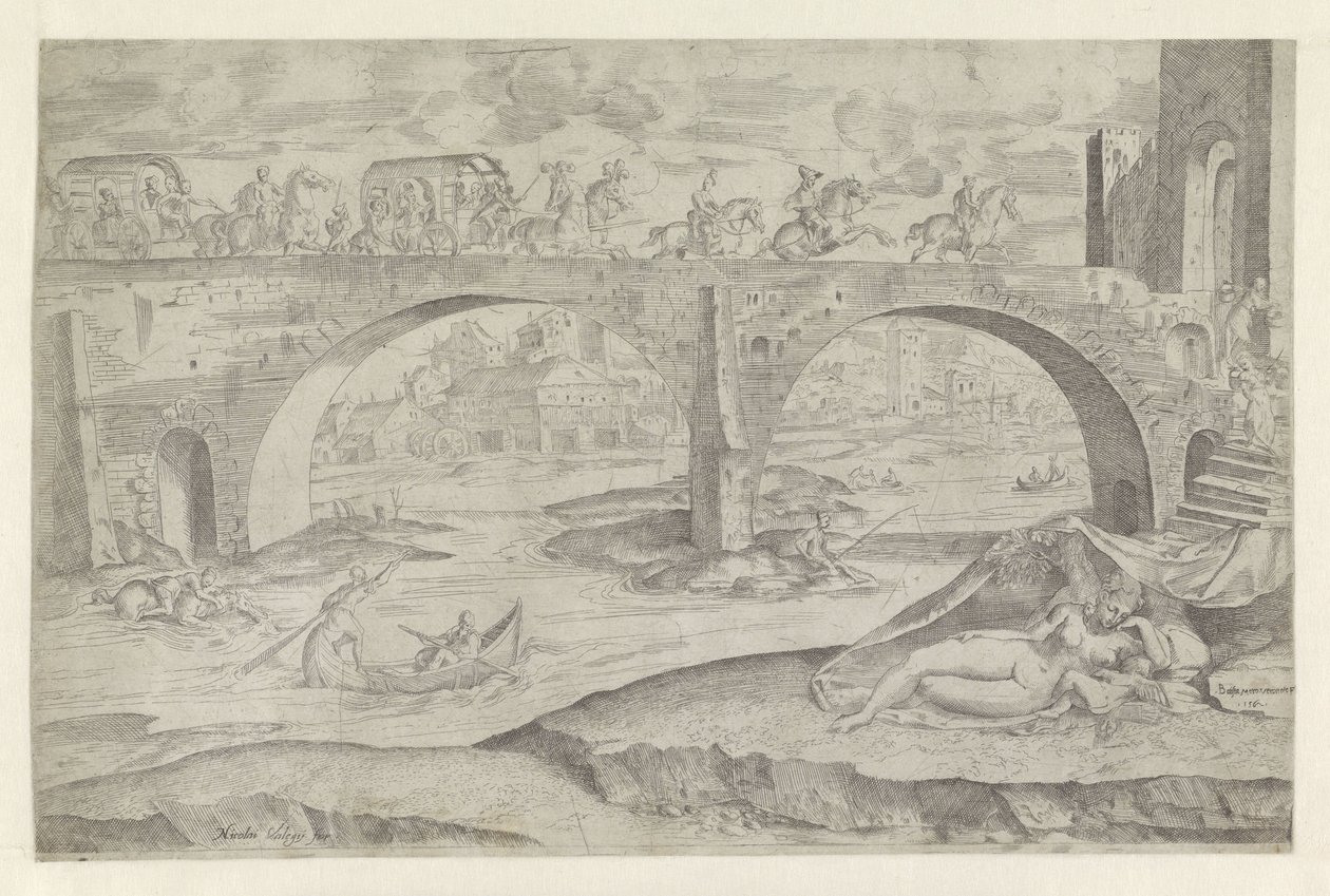 Venus und Amor in Stadtansicht mit einer Brücke von Battista Angolo del Moro