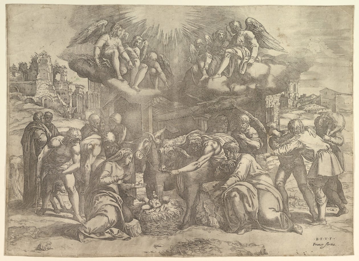 Die Anbetung der Hirten mit Engeln darüber von Battista Franco Veneziano