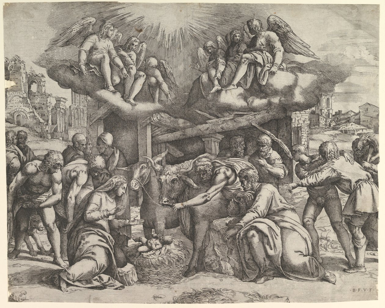 Die Anbetung der Hirten mit Engeln darüber von Battista Franco Veneziano
