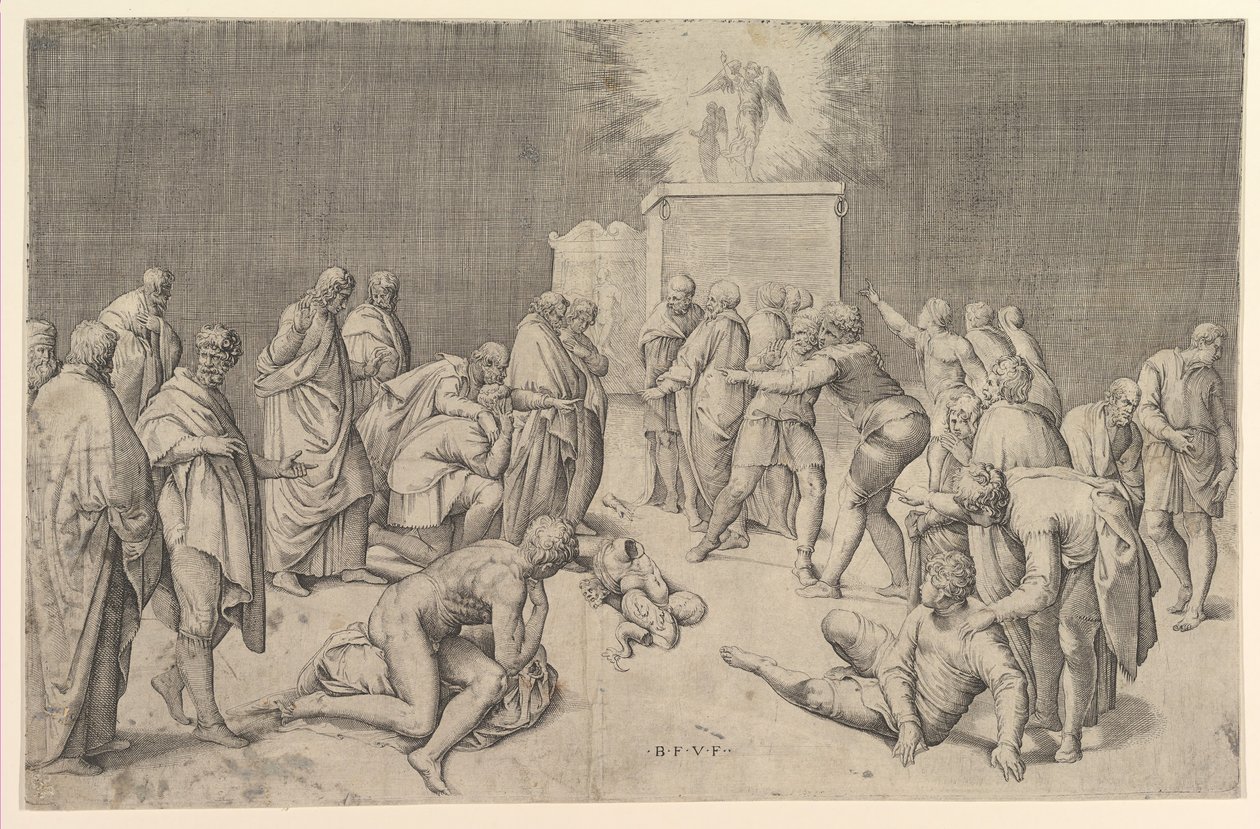 Die Philister stellen die Bundeslade in den Tempel Dagons, ca. 1540 von Battista Franco Veneziano