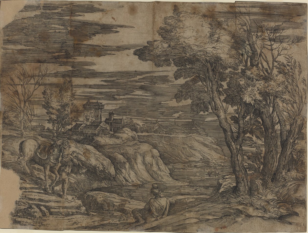 Landschaft mit einem Mann, der ein Pferd führt von Battista Franco, after Titian