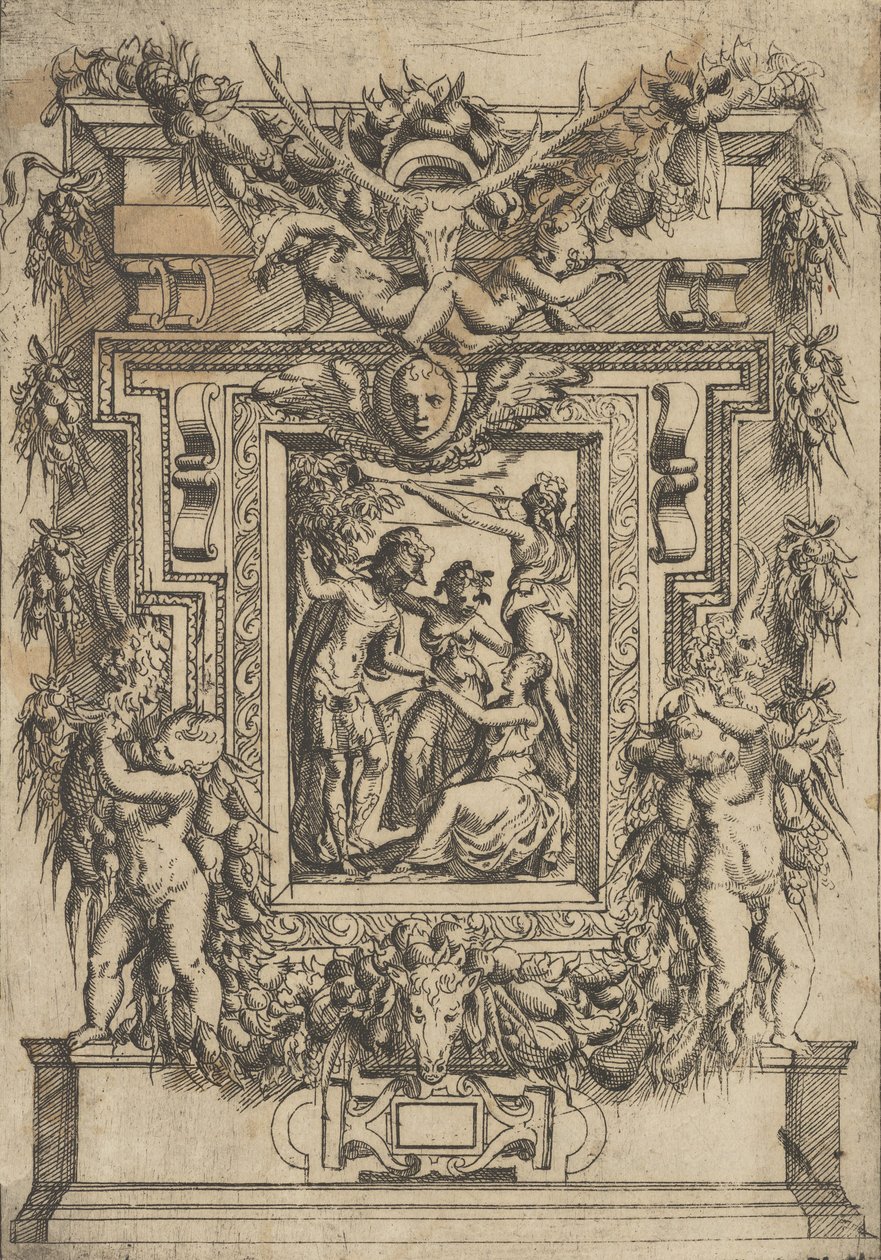 Ein junger Mann bietet einer sitzenden Frau seine Hand an, eine andere Frau steht zwischen ihnen, ca. 1540-80 von Battista del Moro