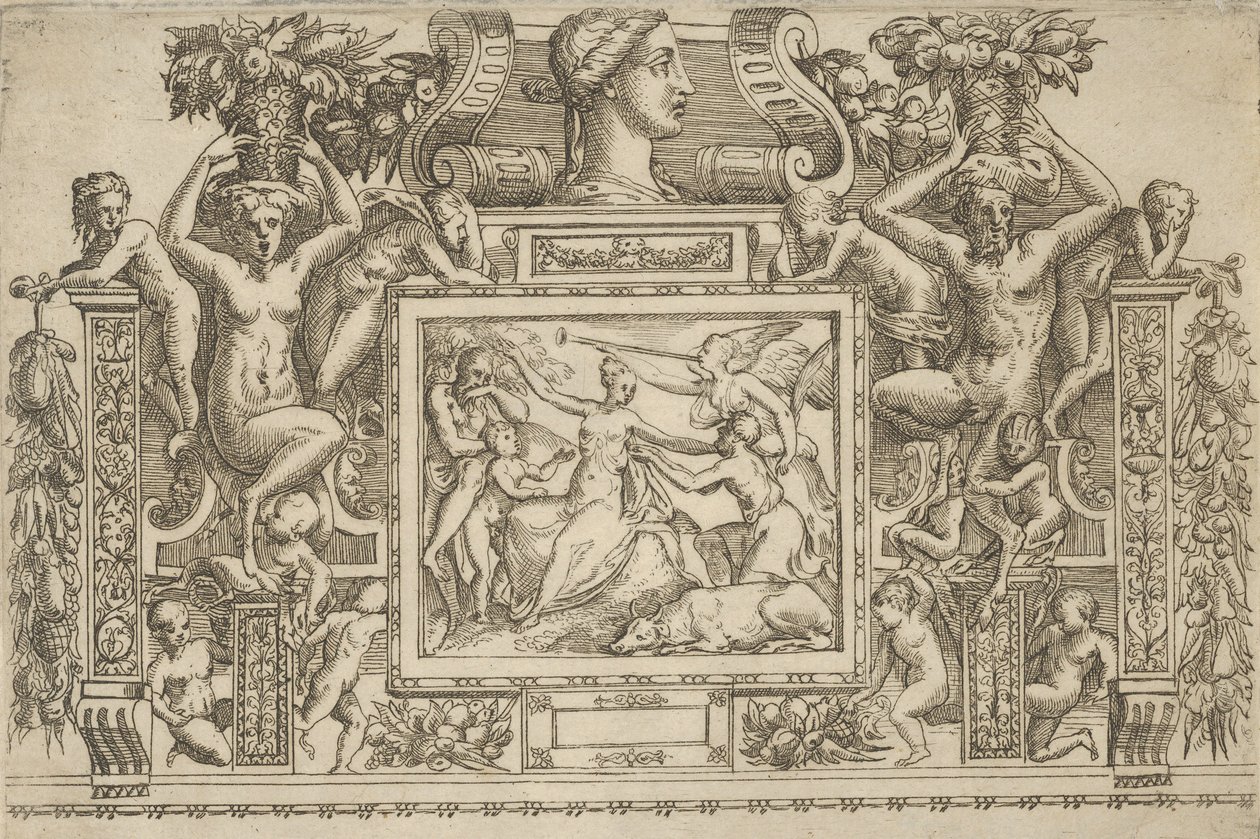 Frau sitzt mit ausgestreckten Armen, Personifikation des Ruhms mit Trompete rechts..., ca. 1540-80 von Battista del Moro