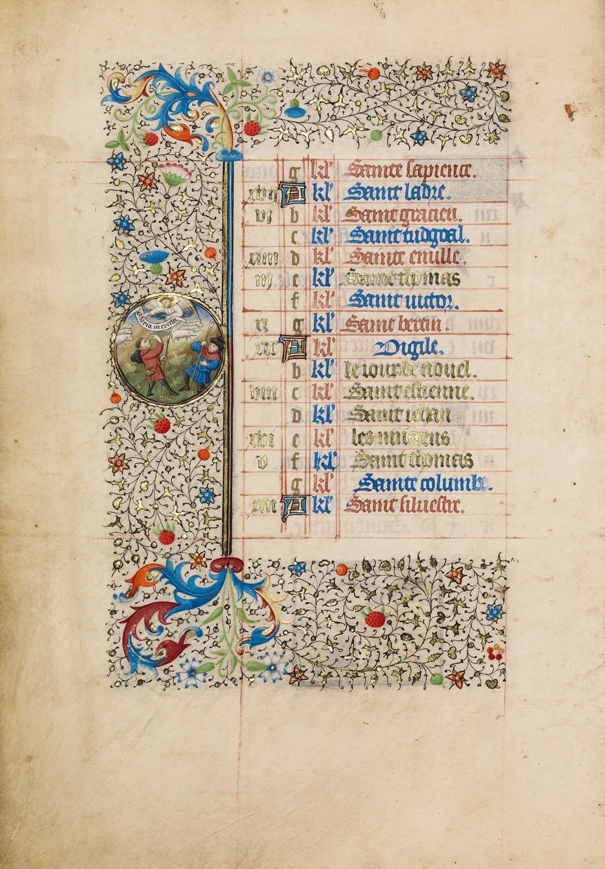 Dezember Kalenderseite; Die Verkündigung an die Hirten von Bedford Master